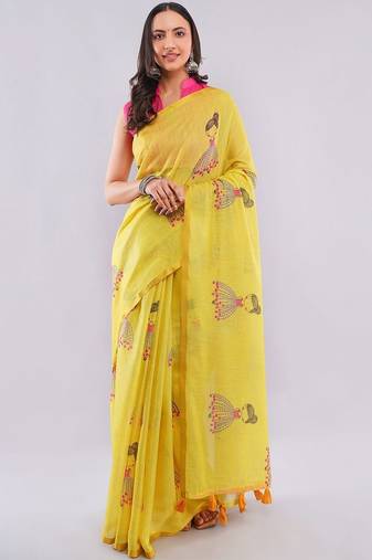 Yellow pure linen printed saree with blouse