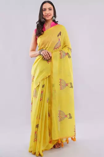 Yellow pure linen printed saree with blouse