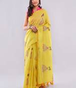 Yellow pure linen printed saree with blouse