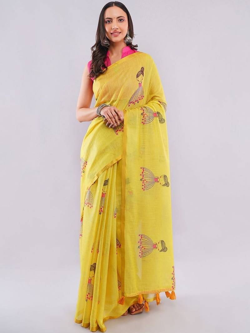 Yellow pure linen printed saree with blouse