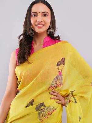 Yellow pure linen printed saree with blouse 2