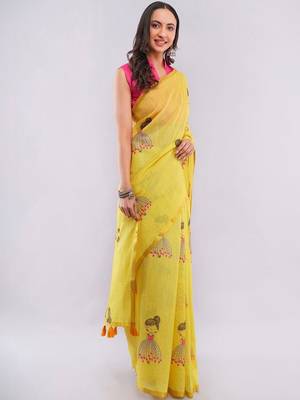 Yellow pure linen printed saree with blouse 3