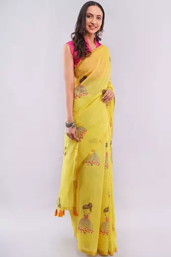 Yellow pure linen printed saree with blouse