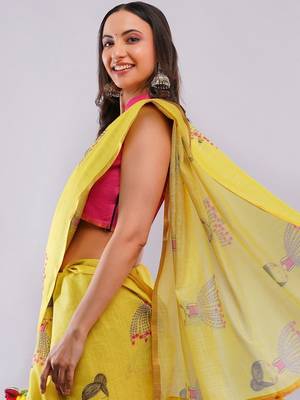 Yellow pure linen printed saree with blouse 4