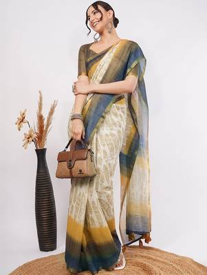 Off white pure linen printed saree with blouse 1