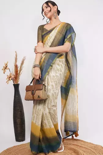 Off white pure linen printed saree with blouse