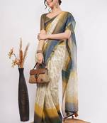 Off white pure linen printed saree with blouse