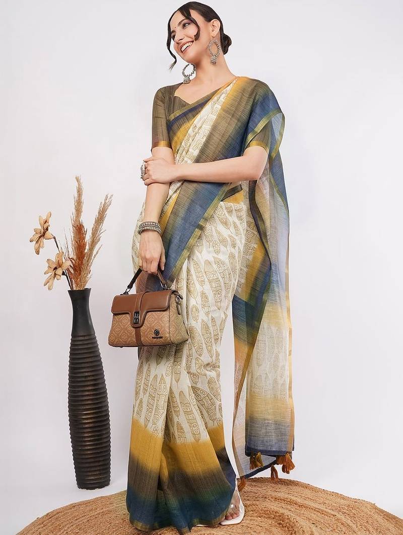 Off white pure linen printed saree with blouse