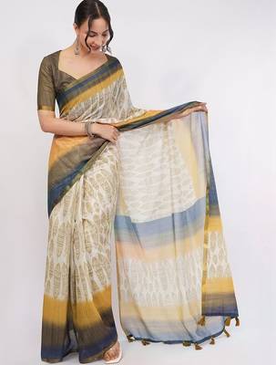 Off white pure linen printed saree with blouse 2