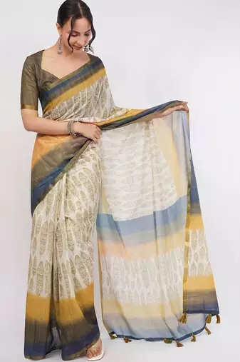 Off white pure linen printed saree with blouse
