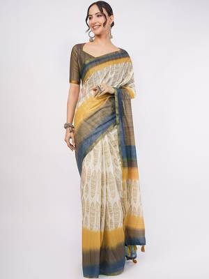 Off white pure linen printed saree with blouse 3