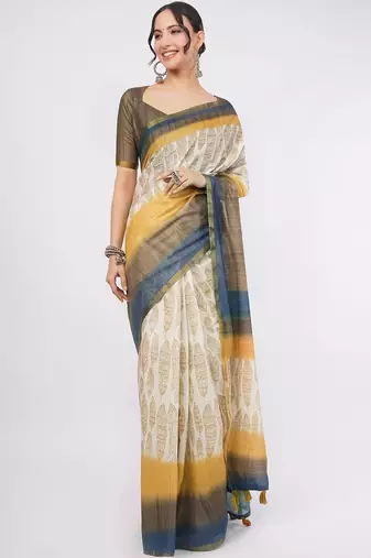 Off white pure linen printed saree with blouse