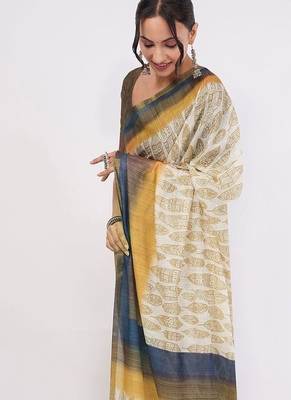 Off white pure linen printed saree with blouse 5