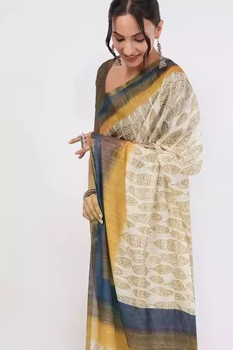 Off white pure linen printed saree with blouse