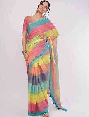 Multicolor pure linen striped saree with blouse 1