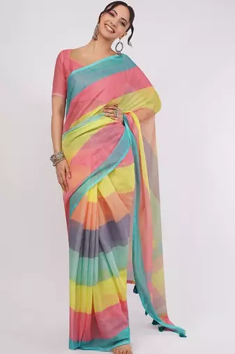 Multicolor pure linen striped saree with blouse