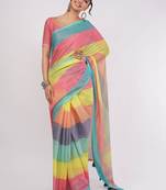Multicolor pure linen striped saree with blouse