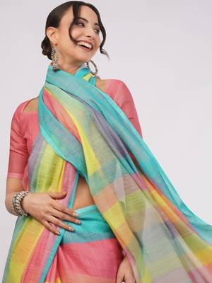 Multicolor pure linen striped saree with blouse 2