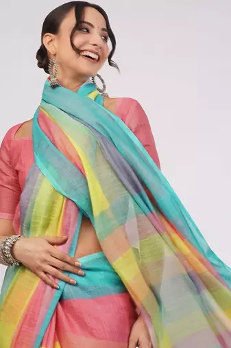 Multicolor pure linen striped saree with blouse