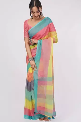 Multicolor pure linen striped saree with blouse
