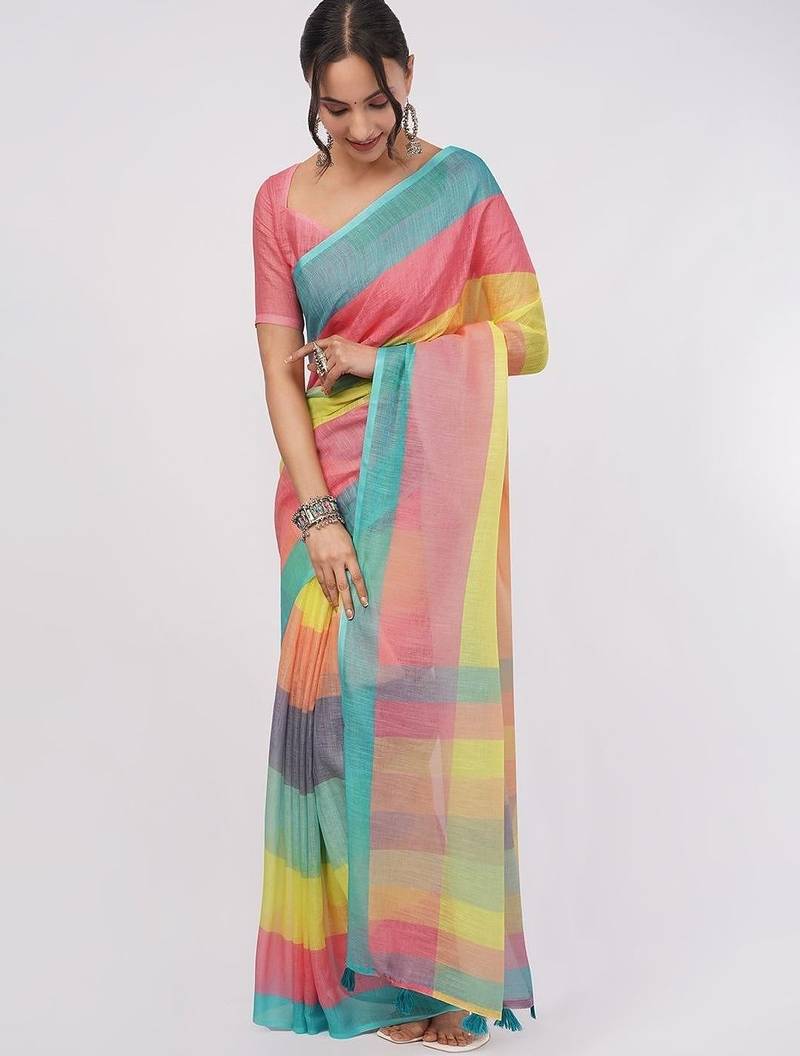 Multicolor pure linen striped saree with blouse