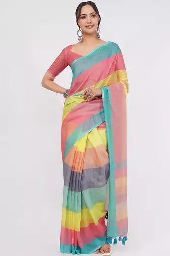 Multicolor pure linen striped saree with blouse
