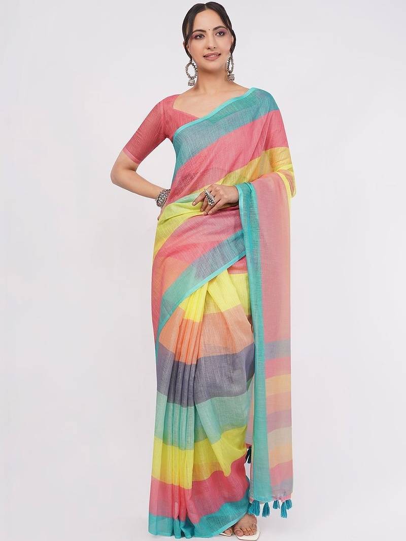 Multicolor pure linen striped saree with blouse