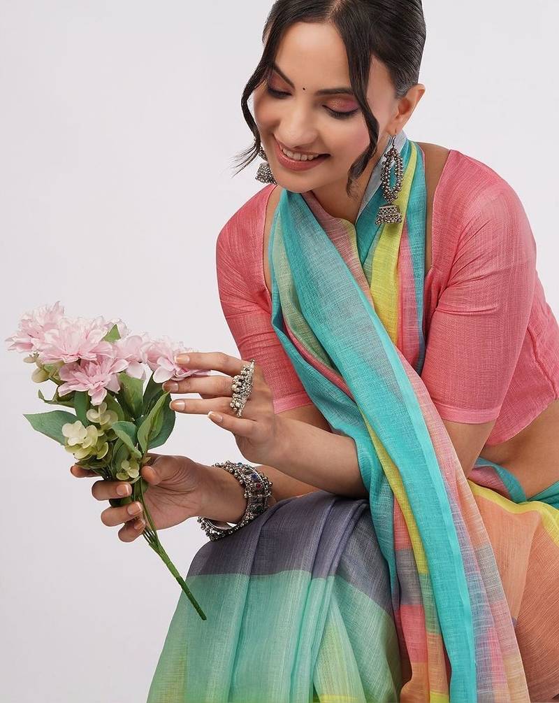 Multicolor pure linen striped saree with blouse