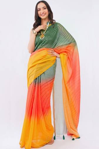 Multicolor pure linen printed saree with blouse