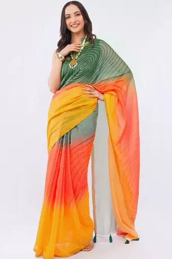 Multicolor pure linen printed saree with blouse