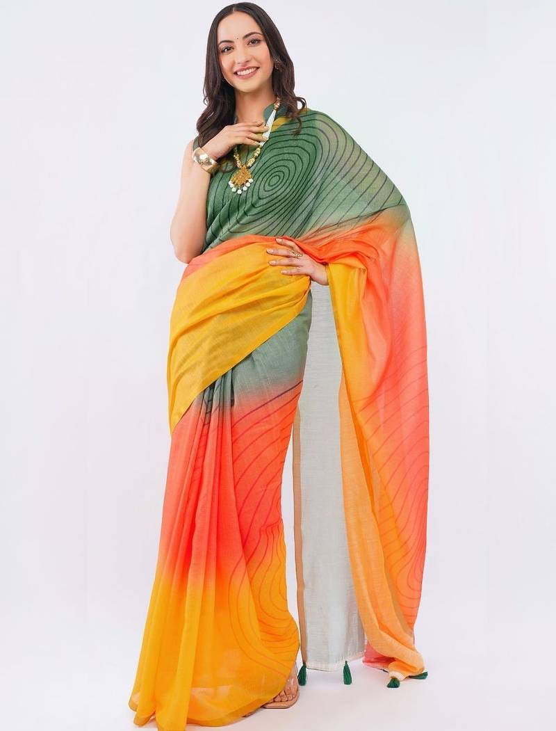 Multicolor pure linen printed saree with blouse