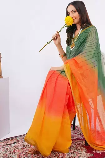 Multicolor pure linen printed saree with blouse