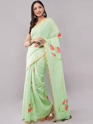 Lime pure linen printed saree with blouse 1