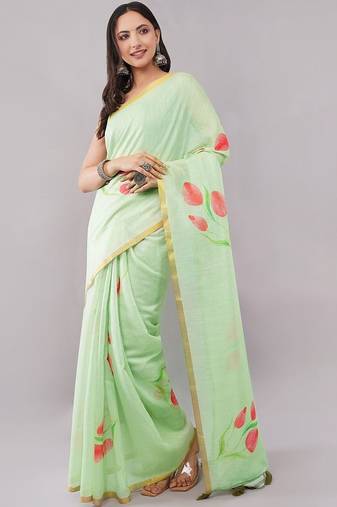 Lime pure linen printed saree with blouse