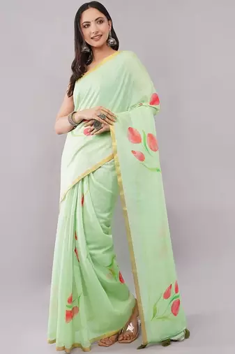 Lime pure linen printed saree with blouse