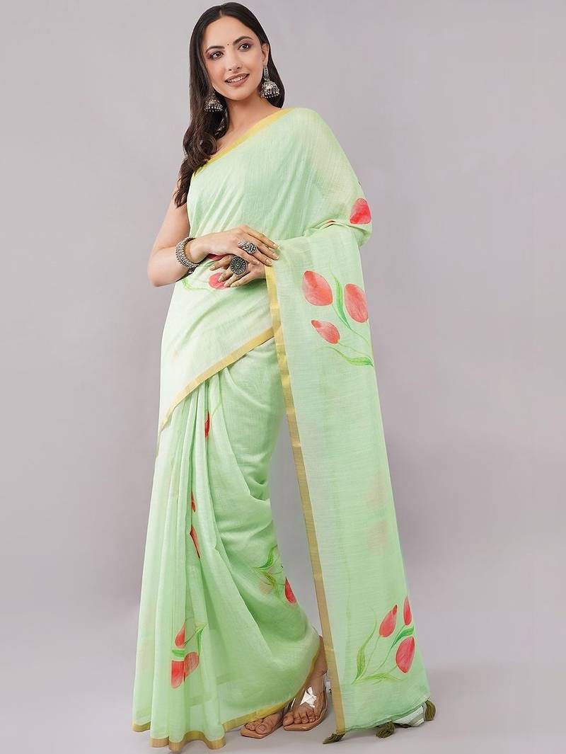 Lime pure linen printed saree with blouse