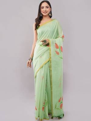 Lime pure linen printed saree with blouse 2