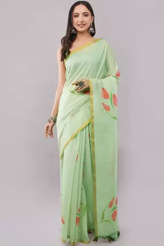 Lime pure linen printed saree with blouse