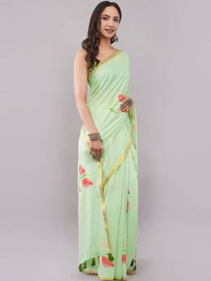 Lime pure linen printed saree with blouse 3