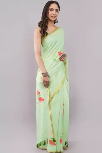 Lime pure linen printed saree with blouse