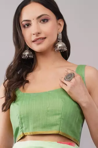 Lime pure linen printed saree with blouse