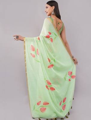 Lime pure linen printed saree with blouse 5