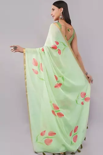 Lime pure linen printed saree with blouse