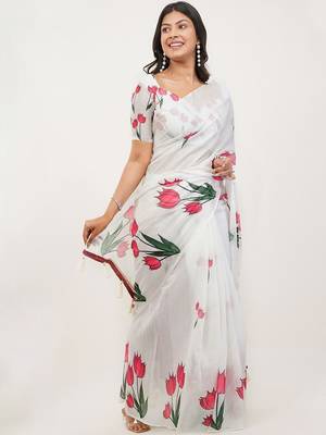 White pure linen printed saree with blouse 1