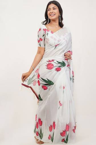 White pure linen printed saree with blouse