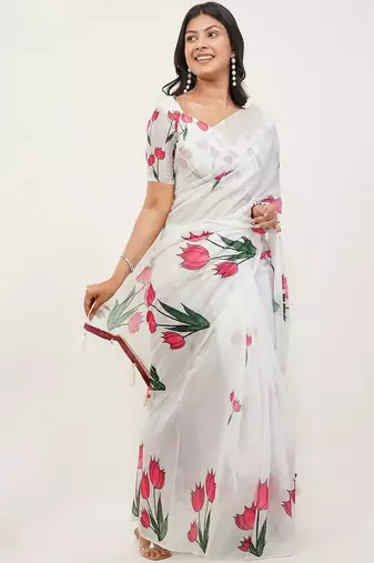 White pure linen printed saree with blouse