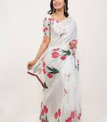 White pure linen printed saree with blouse