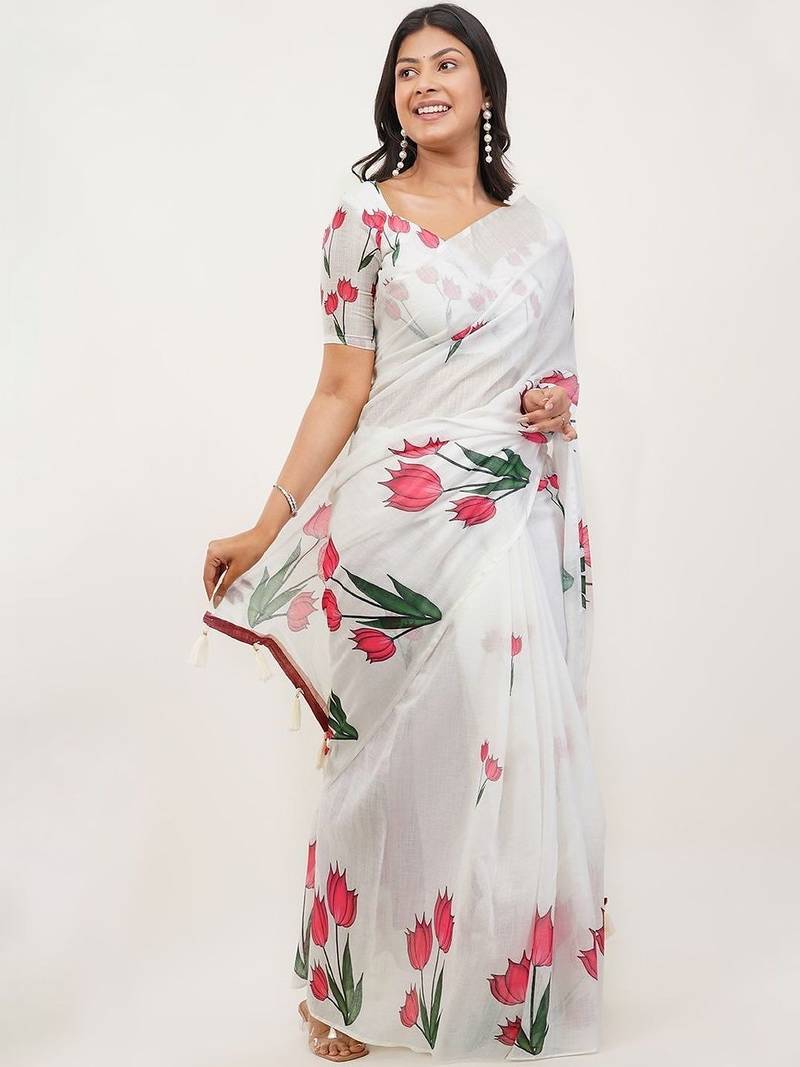White pure linen printed saree with blouse