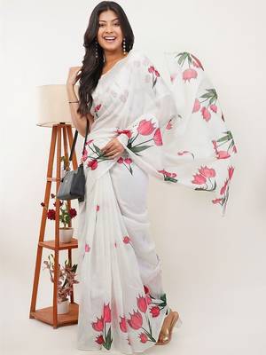 White pure linen printed saree with blouse 2