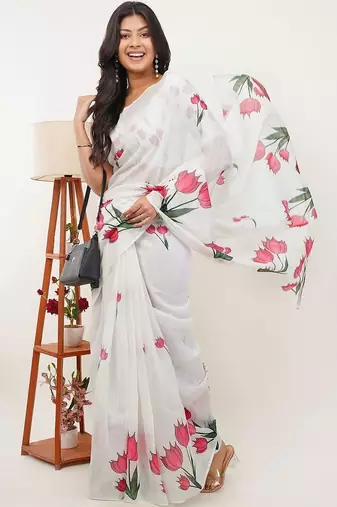 White pure linen printed saree with blouse